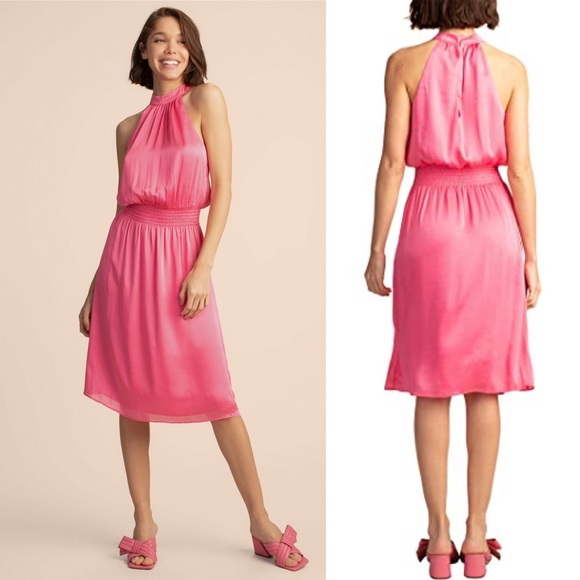 Trina Turk pink moonlit halter satin‎ midi dress size large wedding guest - Picture 1 of 8